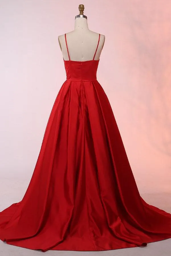 Anneprom A-Line Spaghetti Straps Sweep Train Red Satin Prom Dress APP0269