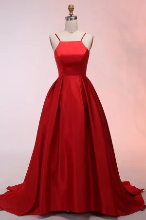 Anneprom A-Line Spaghetti Straps Sweep Train Red Satin Prom Dress APP0269