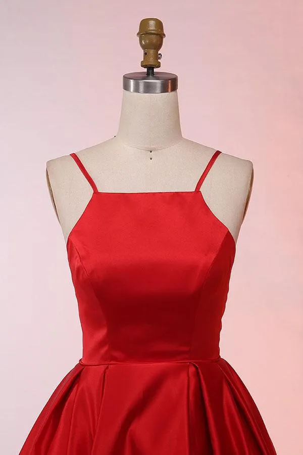Anneprom A-Line Spaghetti Straps Sweep Train Red Satin Prom Dress APP0269