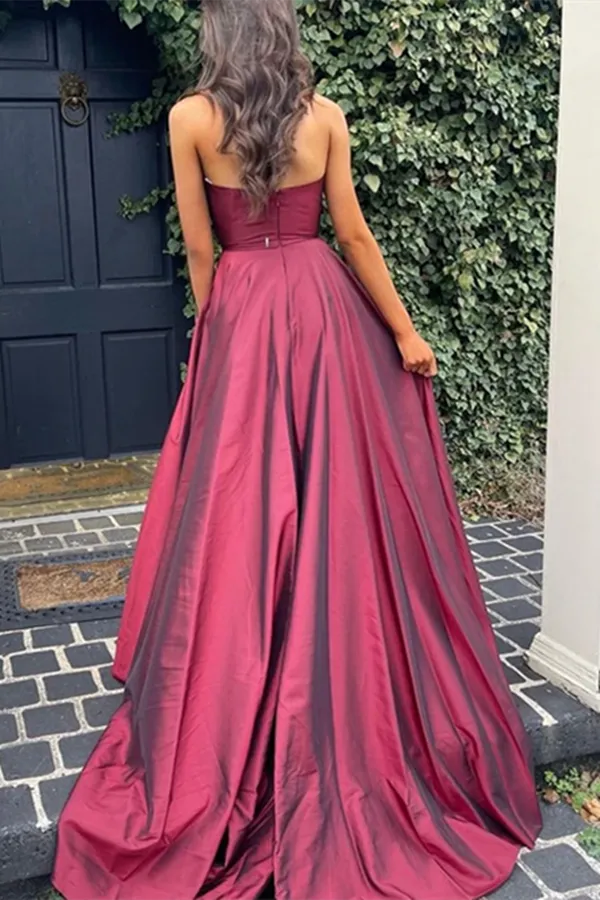 Anneprom A Line V Neck Open Back Burgundy Long Prom Dresses with High Slit Backless Satin Evening Dresses APP0530