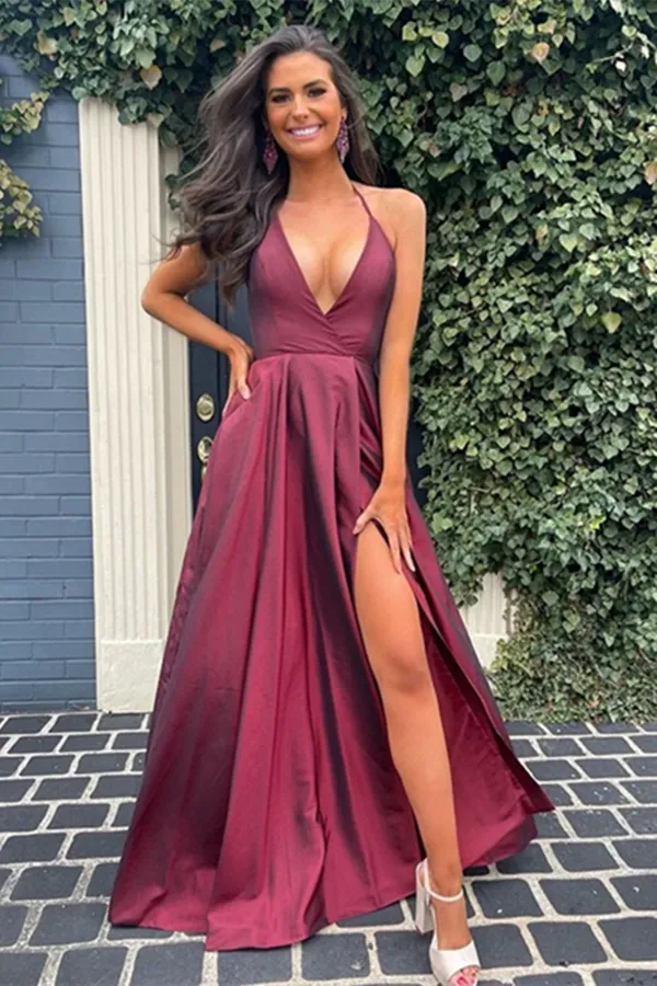 Anneprom A Line V Neck Open Back Burgundy Long Prom Dresses with High Slit Backless Satin Evening Dresses APP0530