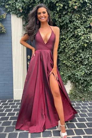 Anneprom A Line V Neck Open Back Burgundy Long Prom Dresses with High Slit Backless Satin Evening Dresses APP0530