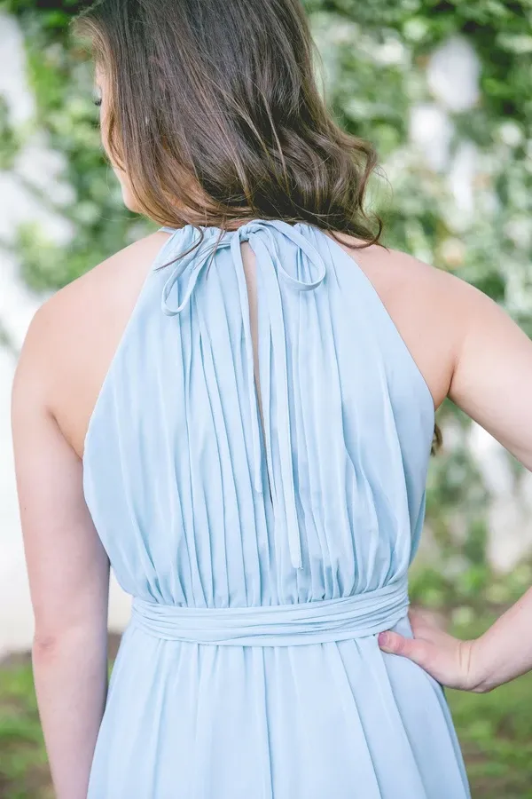 Anneprom Floor-Length High Split Blue Chiffon Sleeveless Bridesmaid Dress APB0074