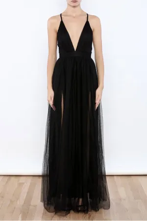Anneprom Sexy Black V Neck Side Slit Tulle Evening Gowns Prom Dresses APP0117