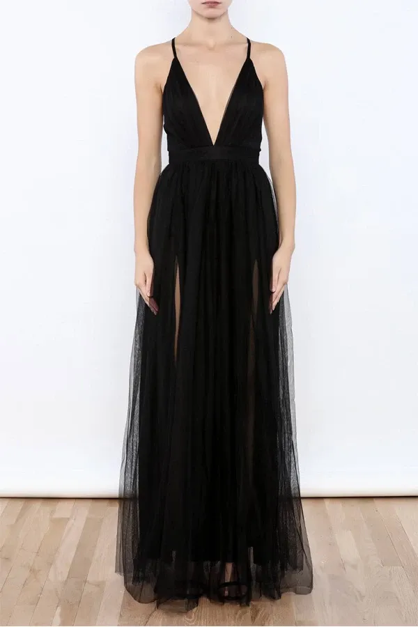 Anneprom Sexy Black V Neck Side Slit Tulle Evening Gowns Prom Dresses APP0117