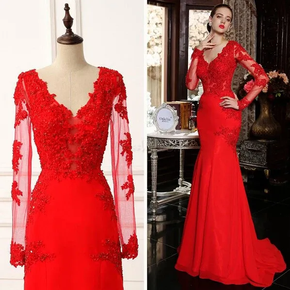 Anneprom Sexy Mermaid Long Sleeves Sweep Train Prom Dresses With Lace Appliques APP0091