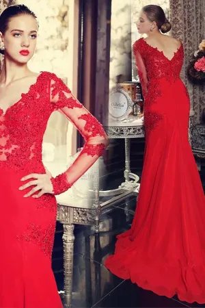 Anneprom Sexy Mermaid Long Sleeves Sweep Train Prom Dresses With Lace Appliques APP0091