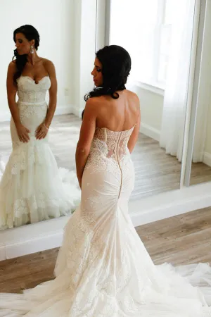 Anneprom Sweetheart Mermaid Tiered Lace Wedding Dress Ruched With Sweep Train APW0041