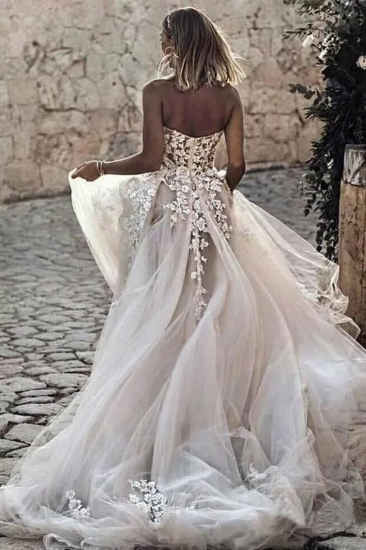 Anneprom Sweetheart Strapless Lace Rustic Wedding Dresses Long Tulle Beach Wedding Dress APW0220
