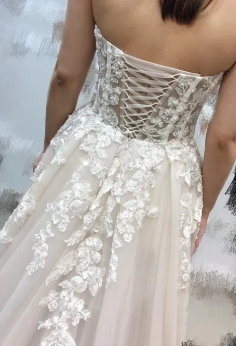 Anneprom Sweetheart Strapless Lace Rustic Wedding Dresses Long Tulle Beach Wedding Dress APW0220