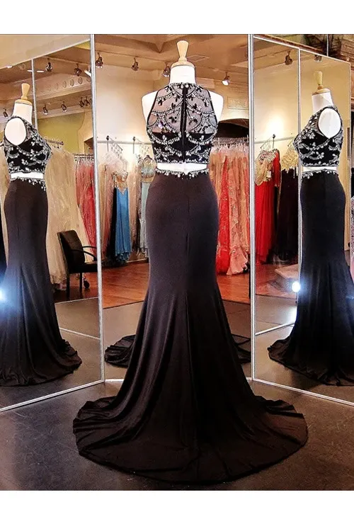 Anneprom Two Piece Mermaid Black Prom Dresses Evening Dresses With Beading APP0055