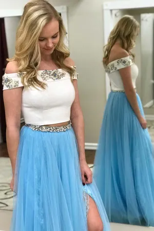 Anneprom Two Piece Off The Shoulder White And Blue Long Prom Dress With Side Slit APP0286