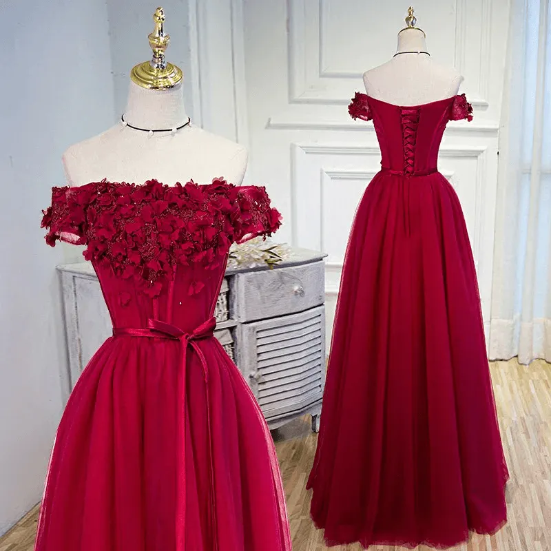 Beautiful Burgundy Flowers Long Prom Dress Evening Dresses TP0817