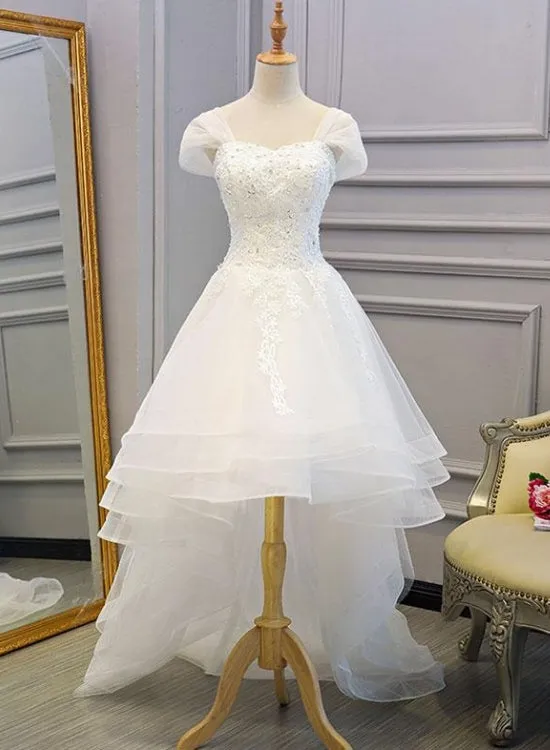Beautiful Cap Sleeves High Low Layers Tulle Wedding Dress, Simple Prom Dress