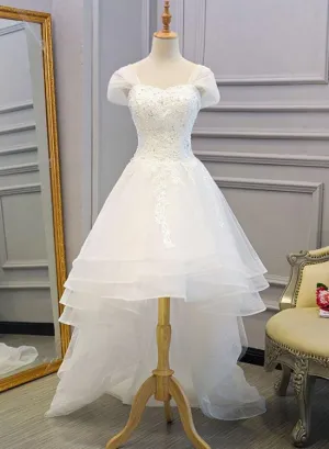 Beautiful Cap Sleeves High Low Layers Tulle Wedding Dress, Simple Prom Dress