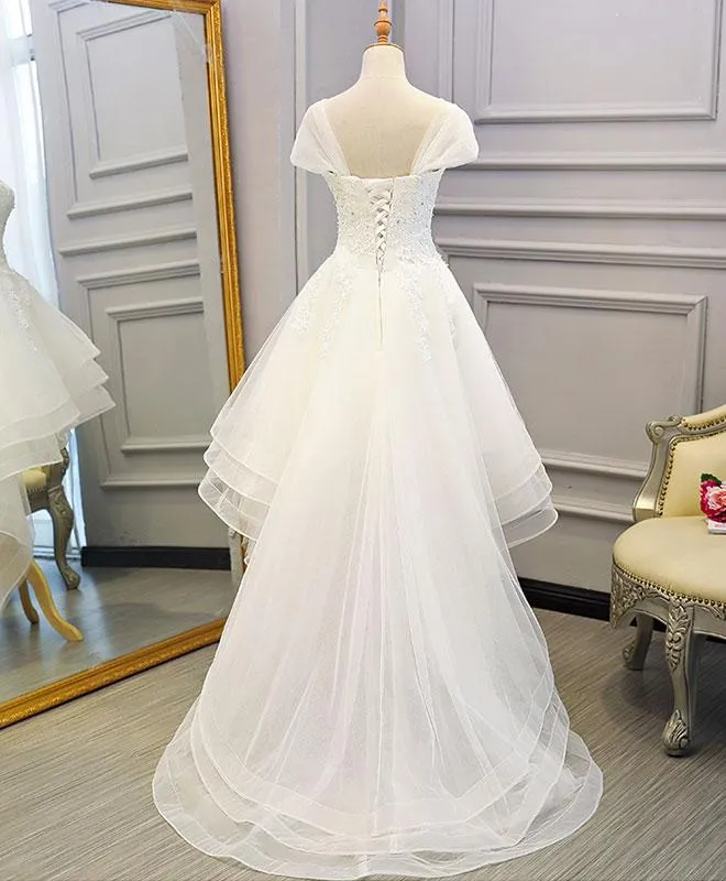 Beautiful Cap Sleeves High Low Layers Tulle Wedding Dress, Simple Prom Dress