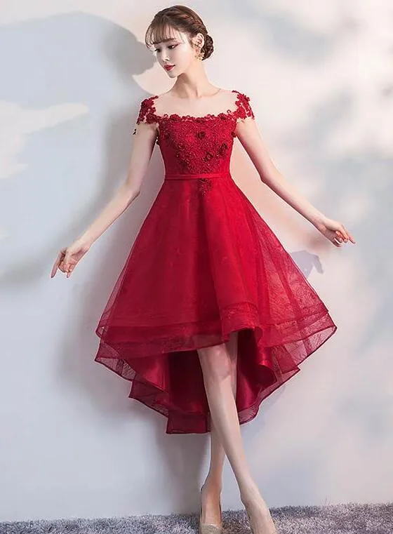 Beautiful Red Cap Sleeves High Waist Party Dress, Red Homecoming Dress
