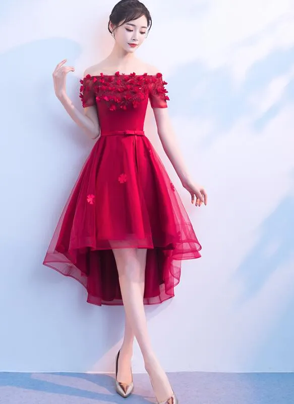 Beautiful Red High Low Off Shoulder Party Dress, Red Homecoming Dresses