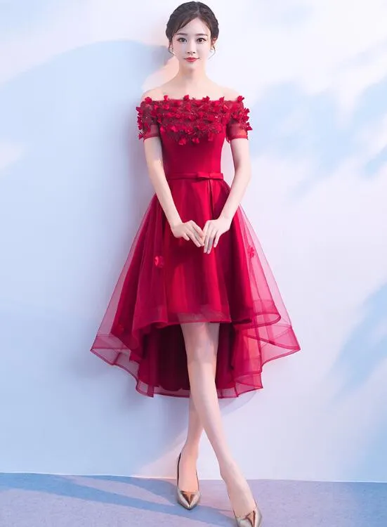 Beautiful Red High Low Off Shoulder Party Dress, Red Homecoming Dresses