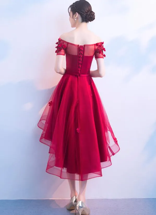 Beautiful Red High Low Off Shoulder Party Dress, Red Homecoming Dresses