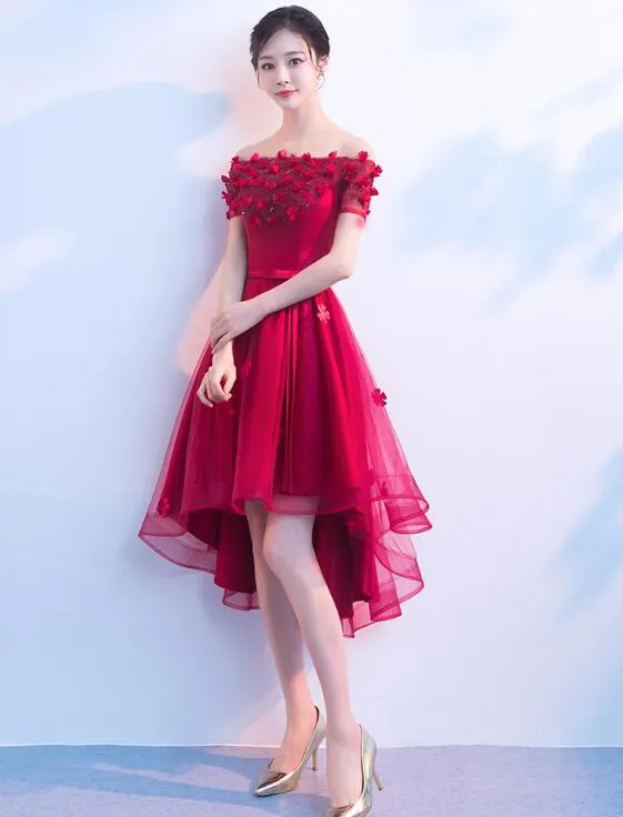 Beautiful Red High Low Off Shoulder Party Dress, Red Homecoming Dresses