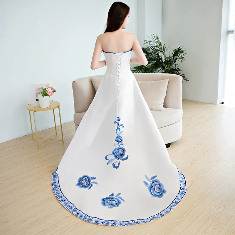 Beautiful White Satin with Flowers Embroidery Party Dresses, High Low Simple Satin Graduation Dresses