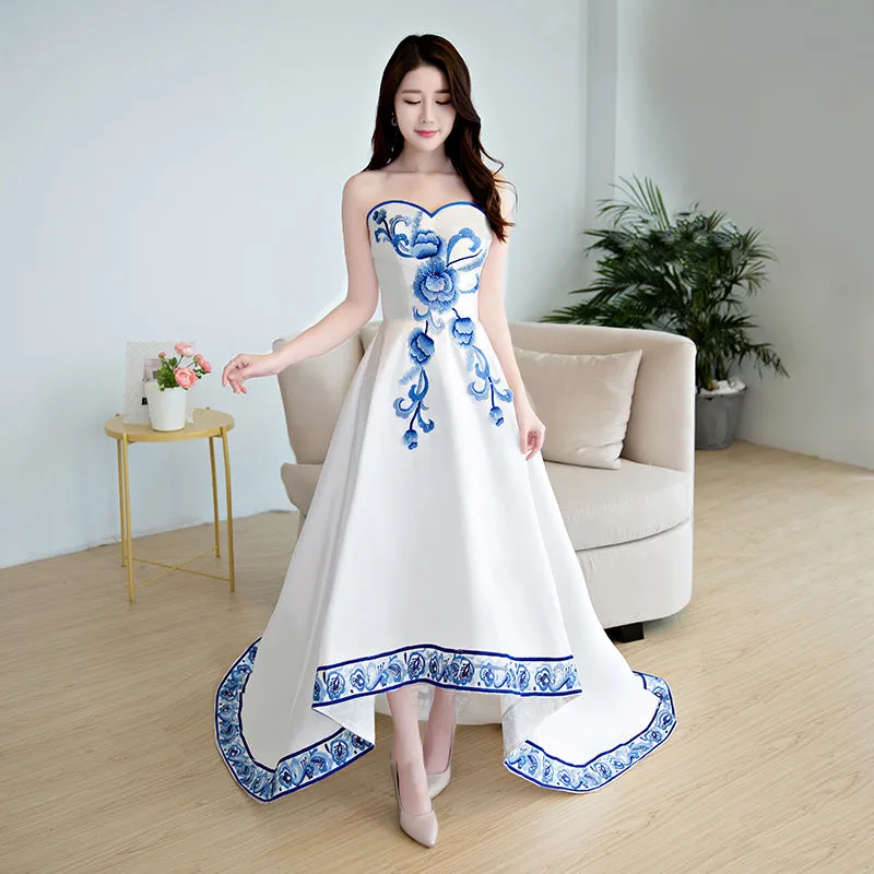 Beautiful White Satin with Flowers Embroidery Party Dresses, High Low Simple Satin Graduation Dresses