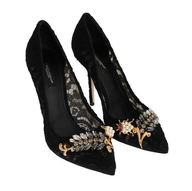 Black Taormina Lace Crystal Pumps