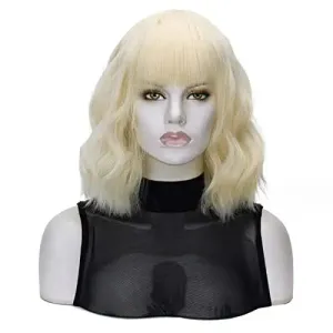 Blonde Short Bob Wavy Hair Wig with Bang