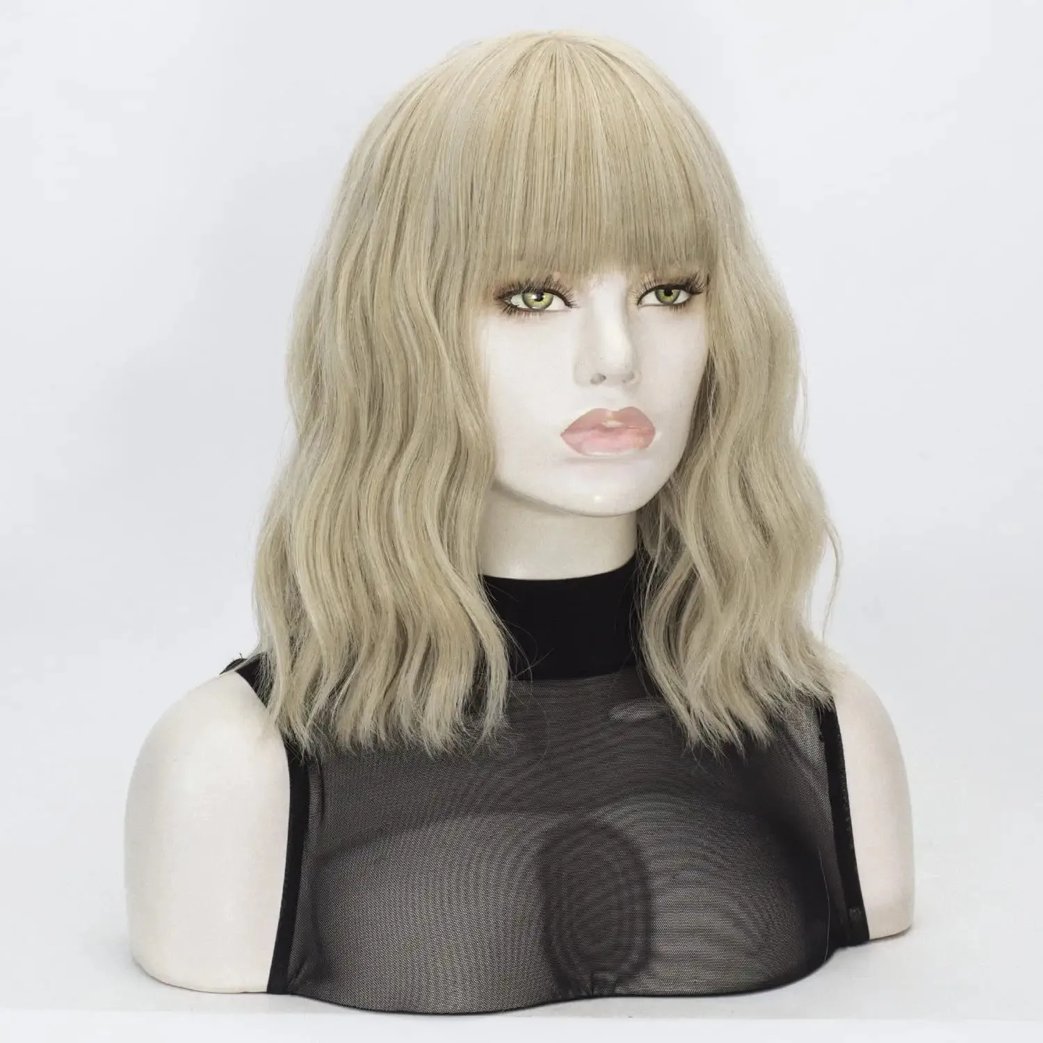 Blonde Short Bob Wavy Hair Wig with Bang