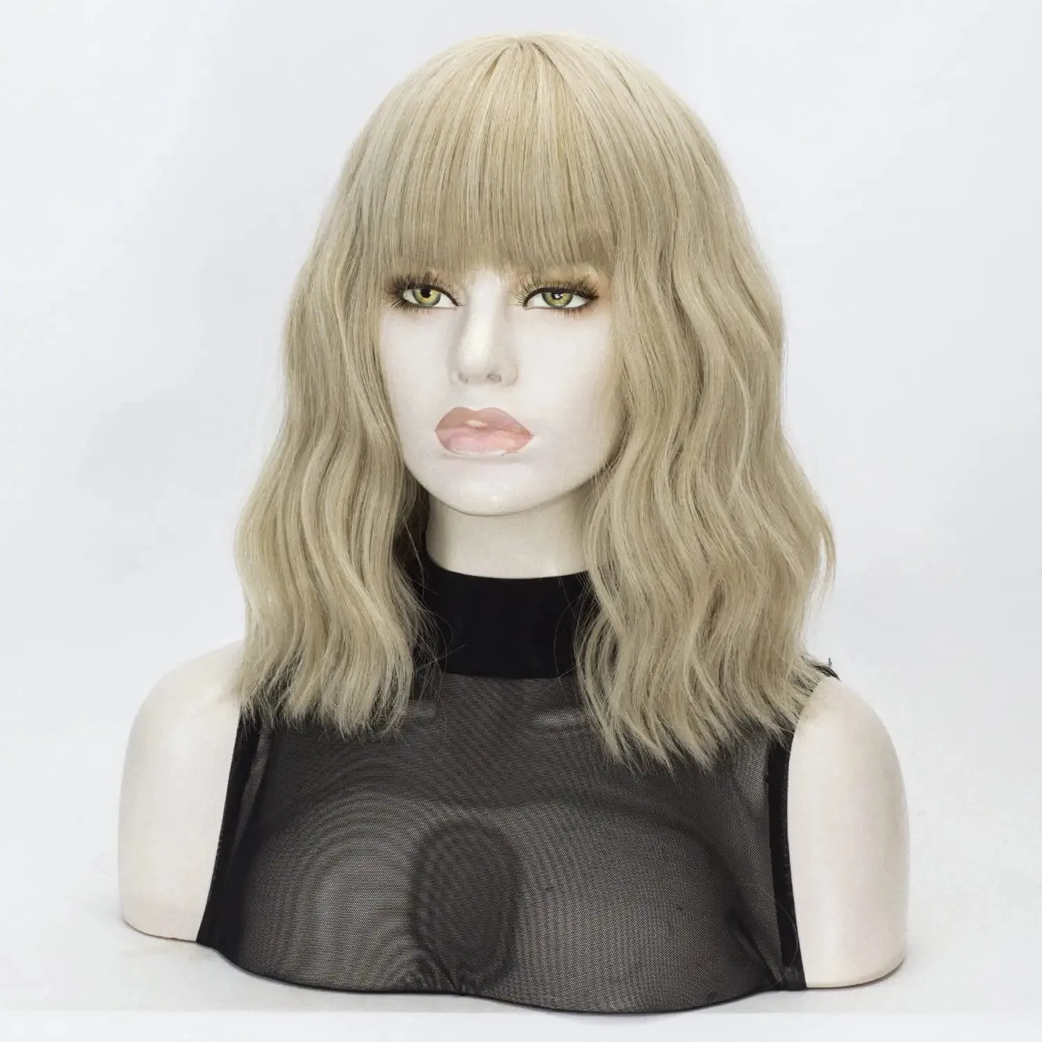 Blonde Short Bob Wavy Hair Wig with Bang