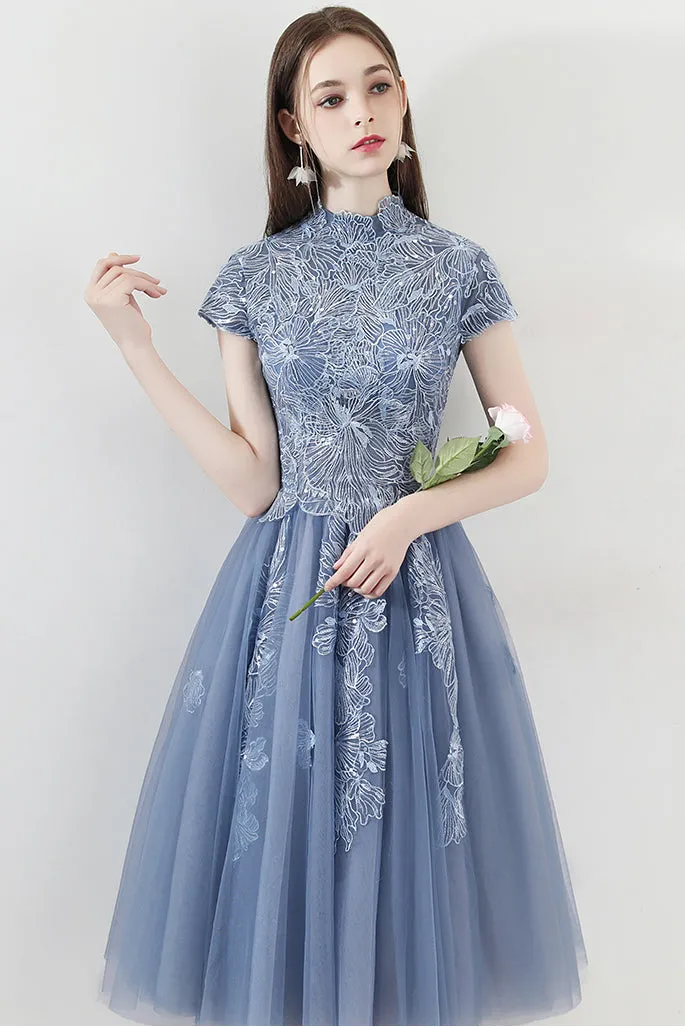 Blue A Line Tulle Cap Sleeves High Neck Homecoming Dress With Lace Appliques OKC6