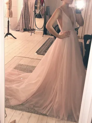 Charming A-Line Deep V-Neck Sleeveless Sweep Train Long Tulle Blush Prom/Evening/Wedding Dress