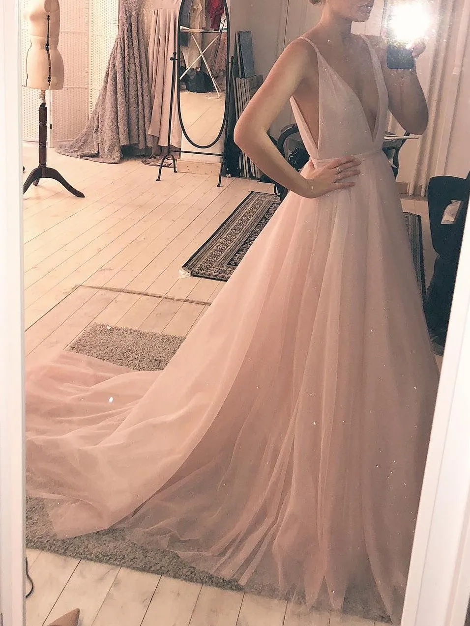 Charming A-Line Deep V-Neck Sleeveless Sweep Train Long Tulle Blush Prom/Evening/Wedding Dress