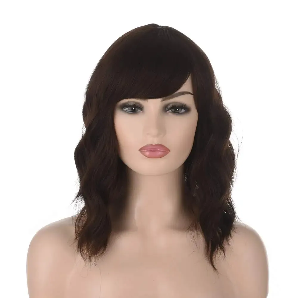 Chocolate Brown Wavy Bob Hair Wig with Bang