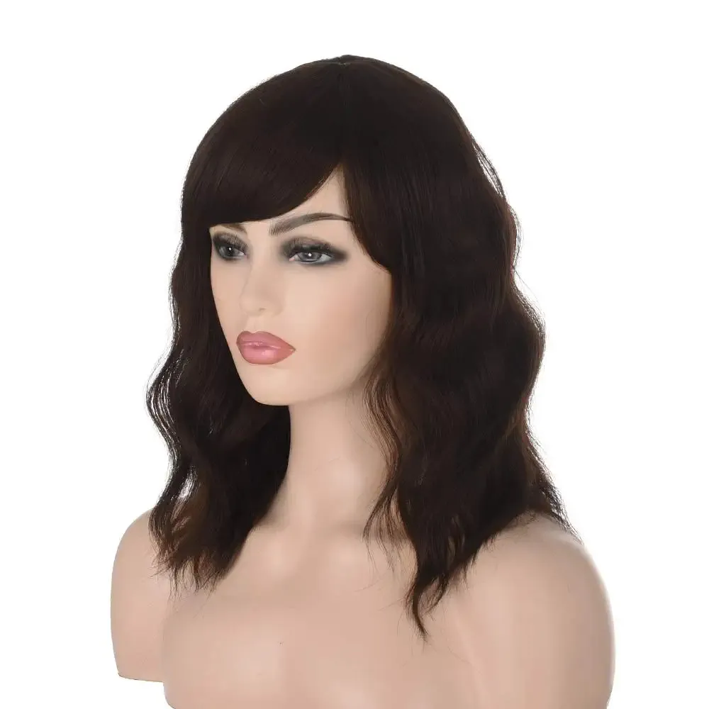 Chocolate Brown Wavy Bob Hair Wig with Bang