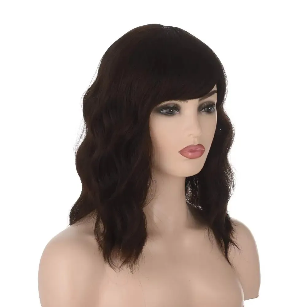 Chocolate Brown Wavy Bob Hair Wig with Bang