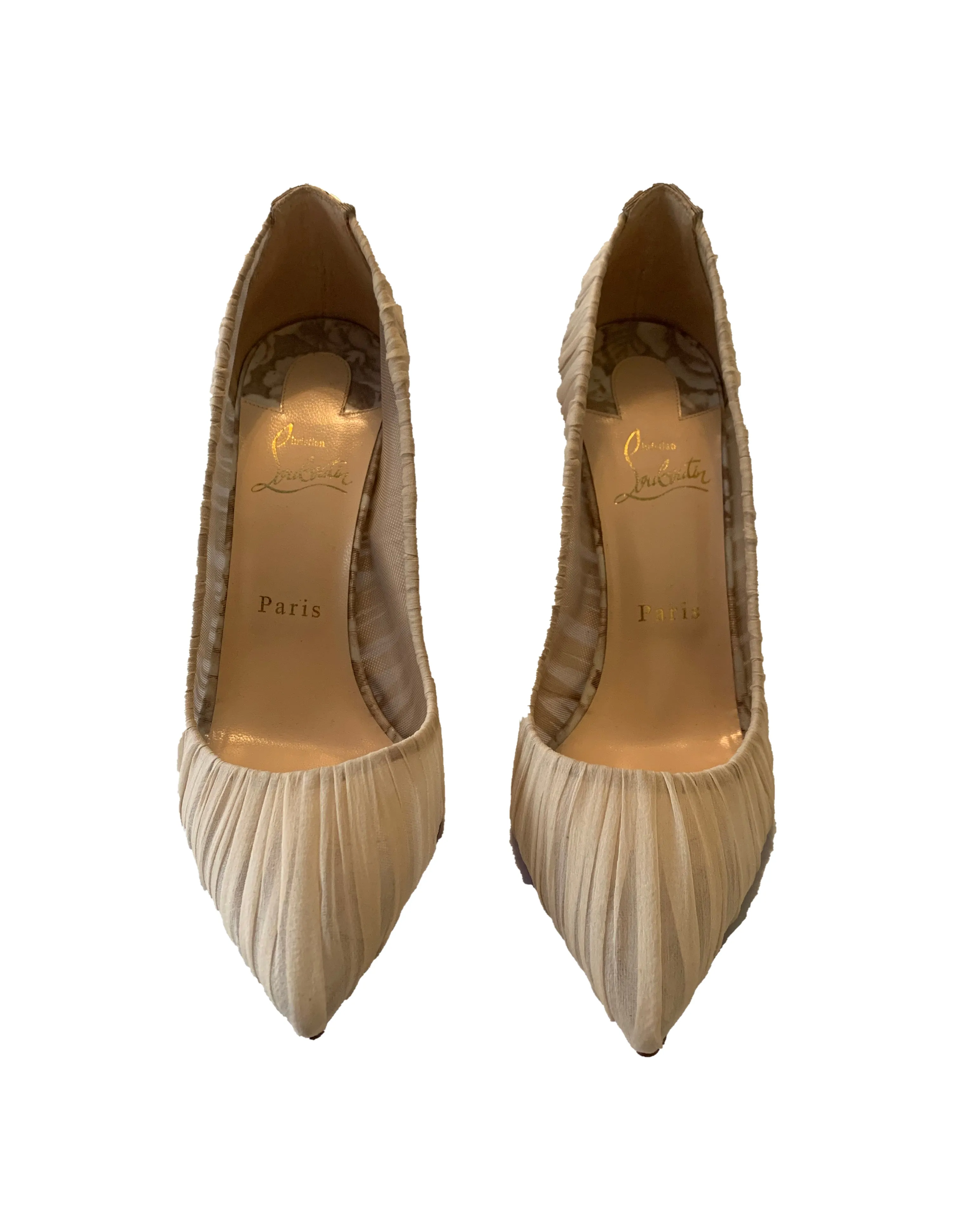 Christian Louboutin Beige Follie Draperia Chiffon Rosette Pumps sz 39.5