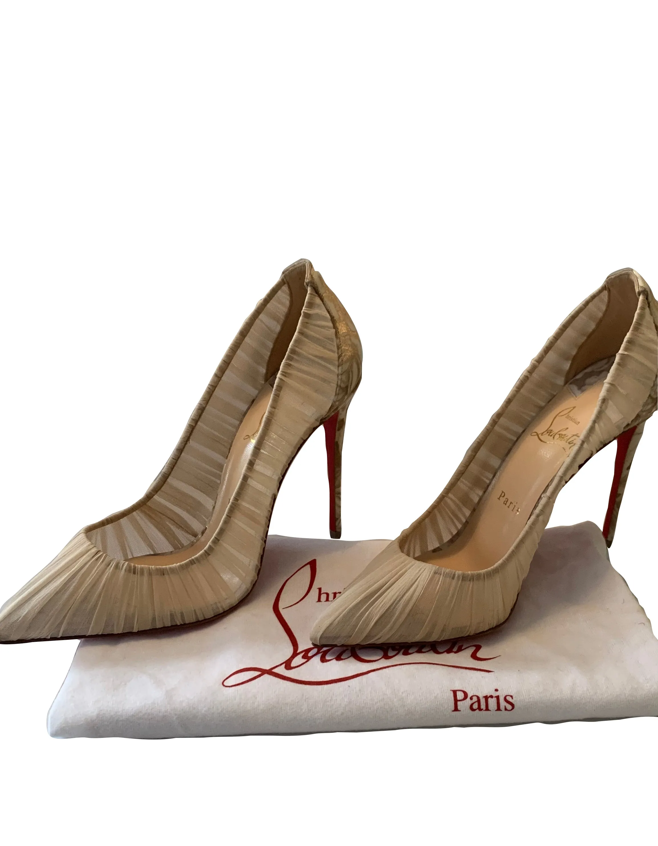 Christian Louboutin Beige Follie Draperia Chiffon Rosette Pumps sz 39.5