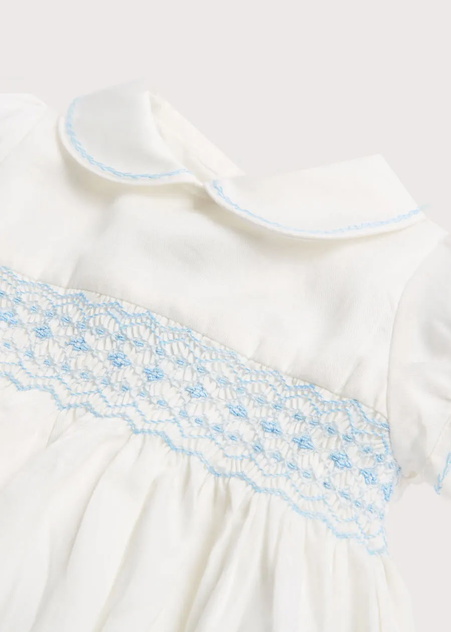 Classic Off-White Blue Hand Smocked Romper (3-18mths)