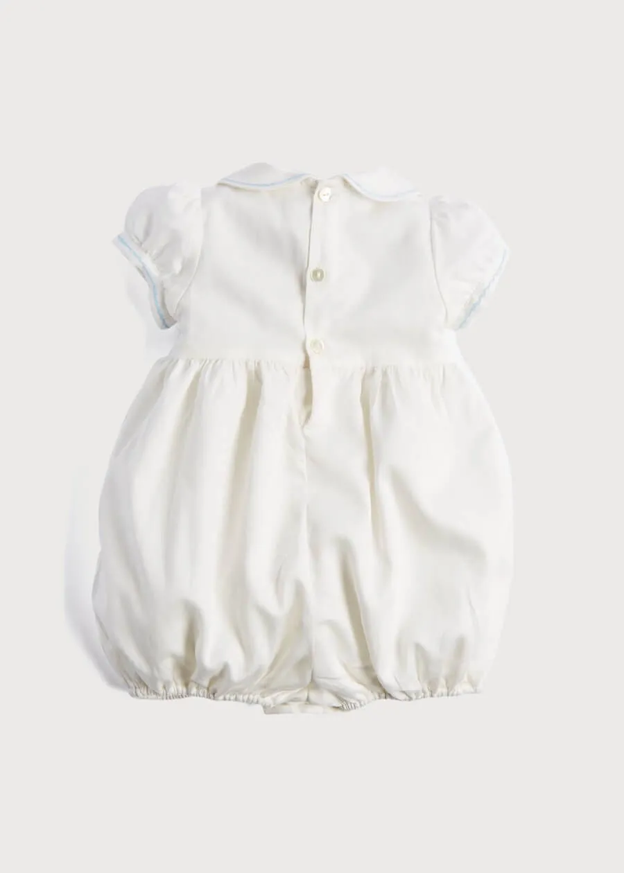 Classic Off-White Blue Hand Smocked Romper (3-18mths)
