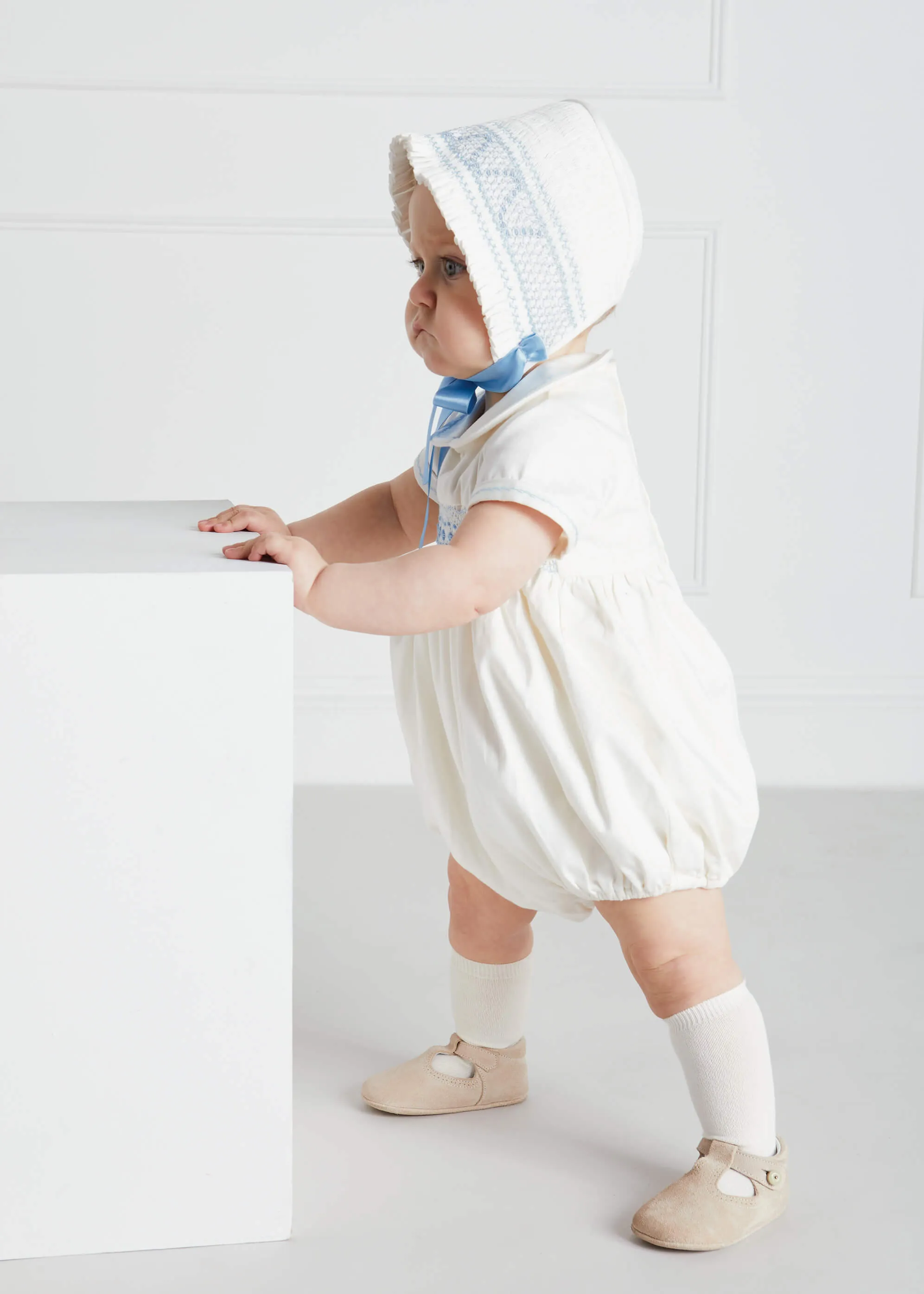 Classic Off-White Blue Hand Smocked Romper (3-18mths)