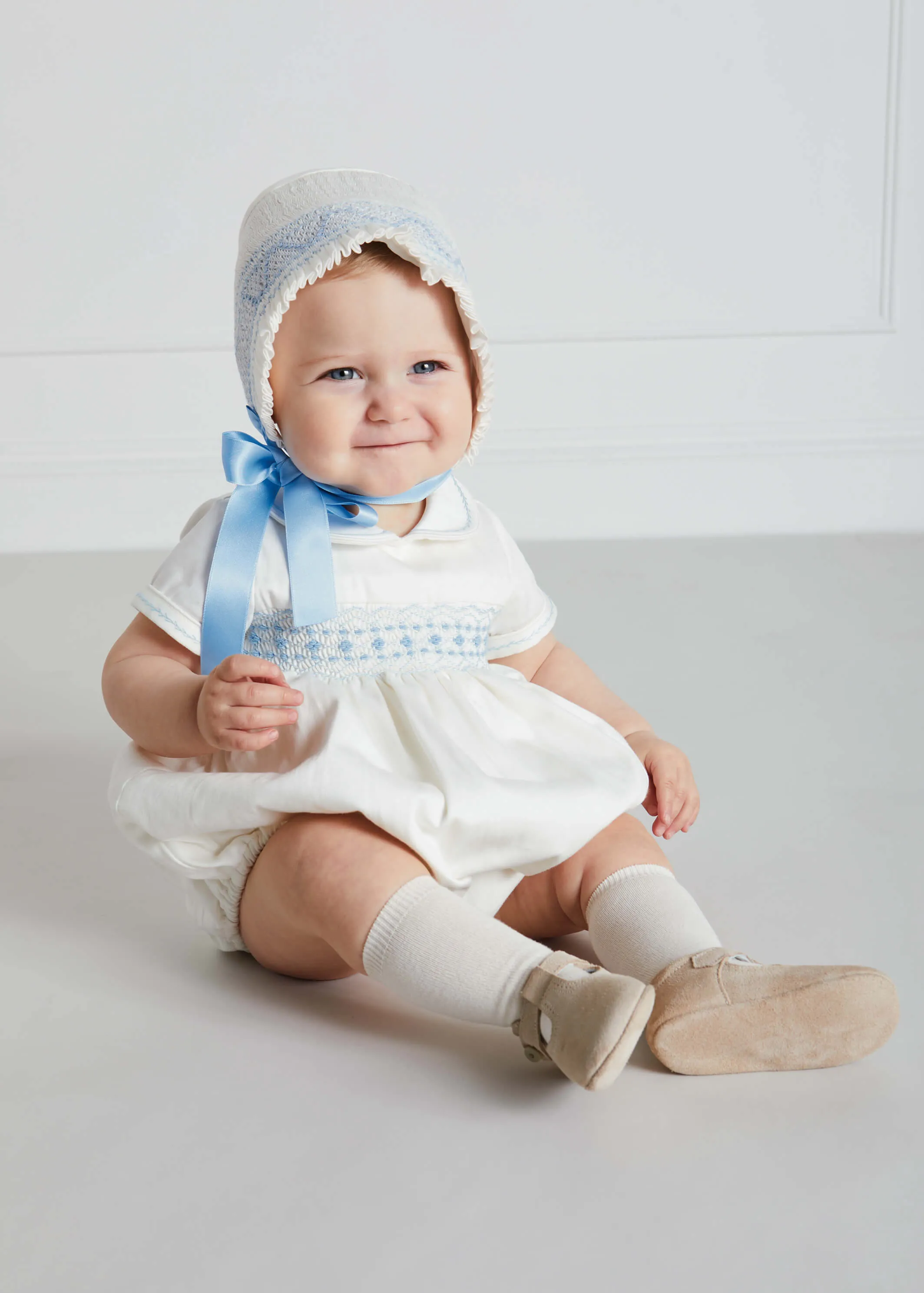 Classic Off-White Blue Hand Smocked Romper (3-18mths)
