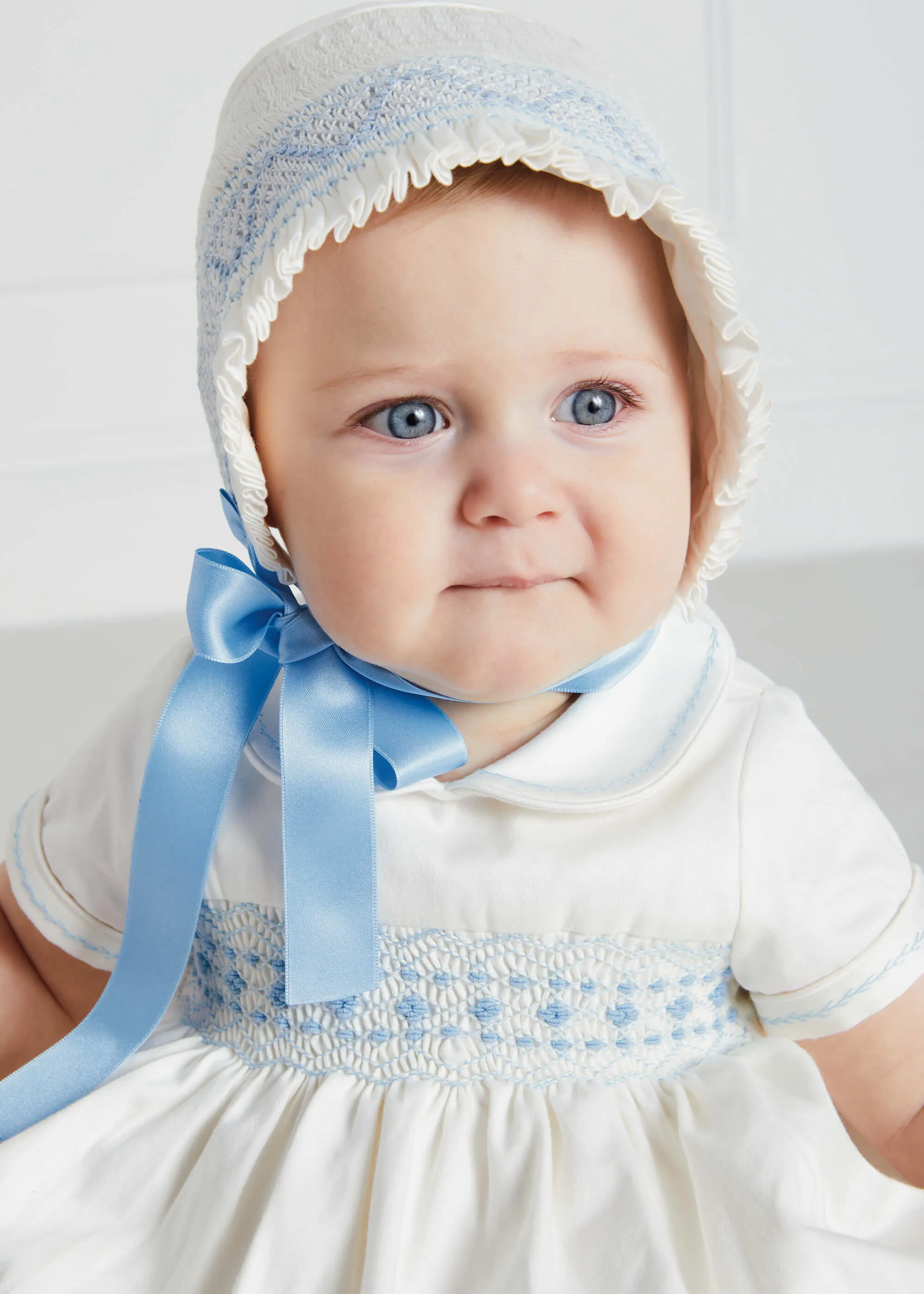 Classic Off-White Blue Hand Smocked Romper (3-18mths)