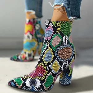 Colorful Snakeskin Chunky Heeled Boots