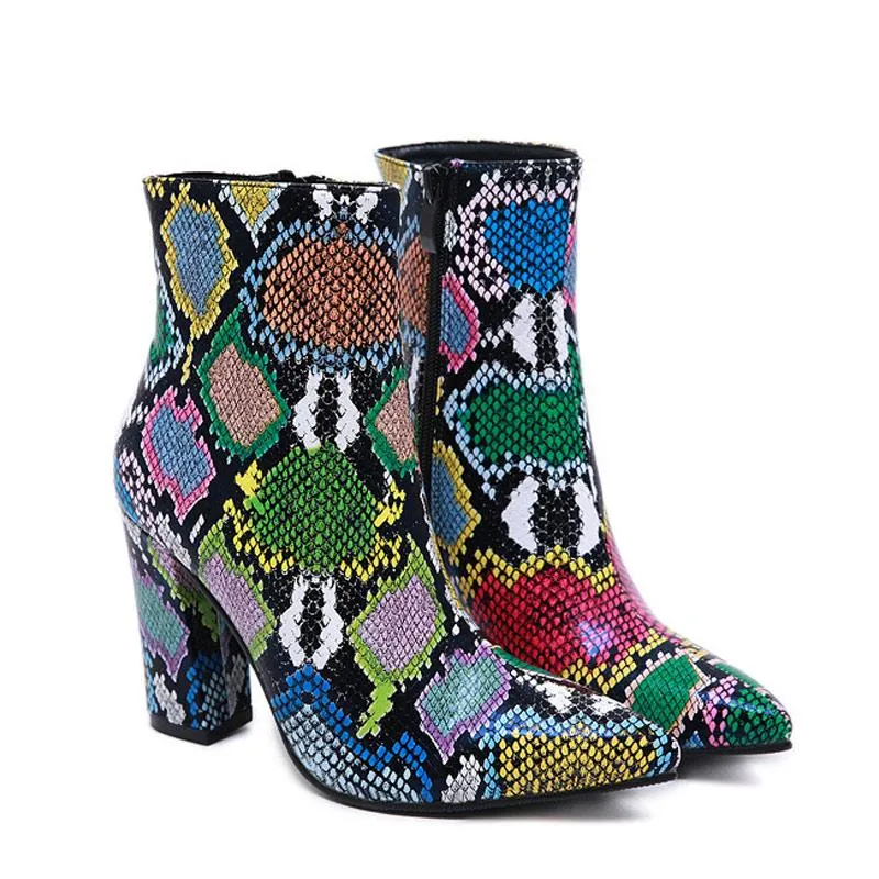 Colorful Snakeskin Chunky Heeled Boots