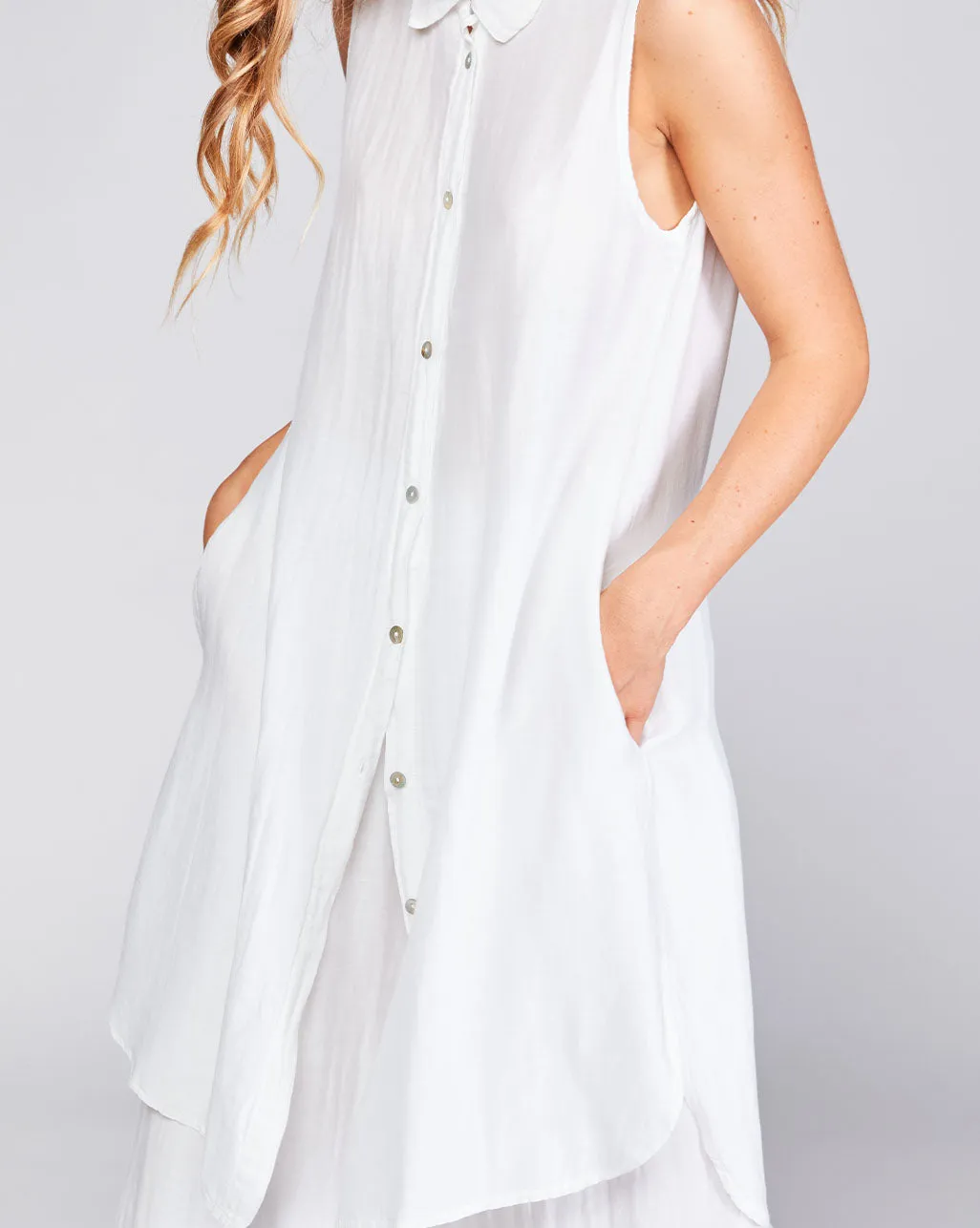 Cotton Silk Blend Sleeveless Button-Up Shirtdress