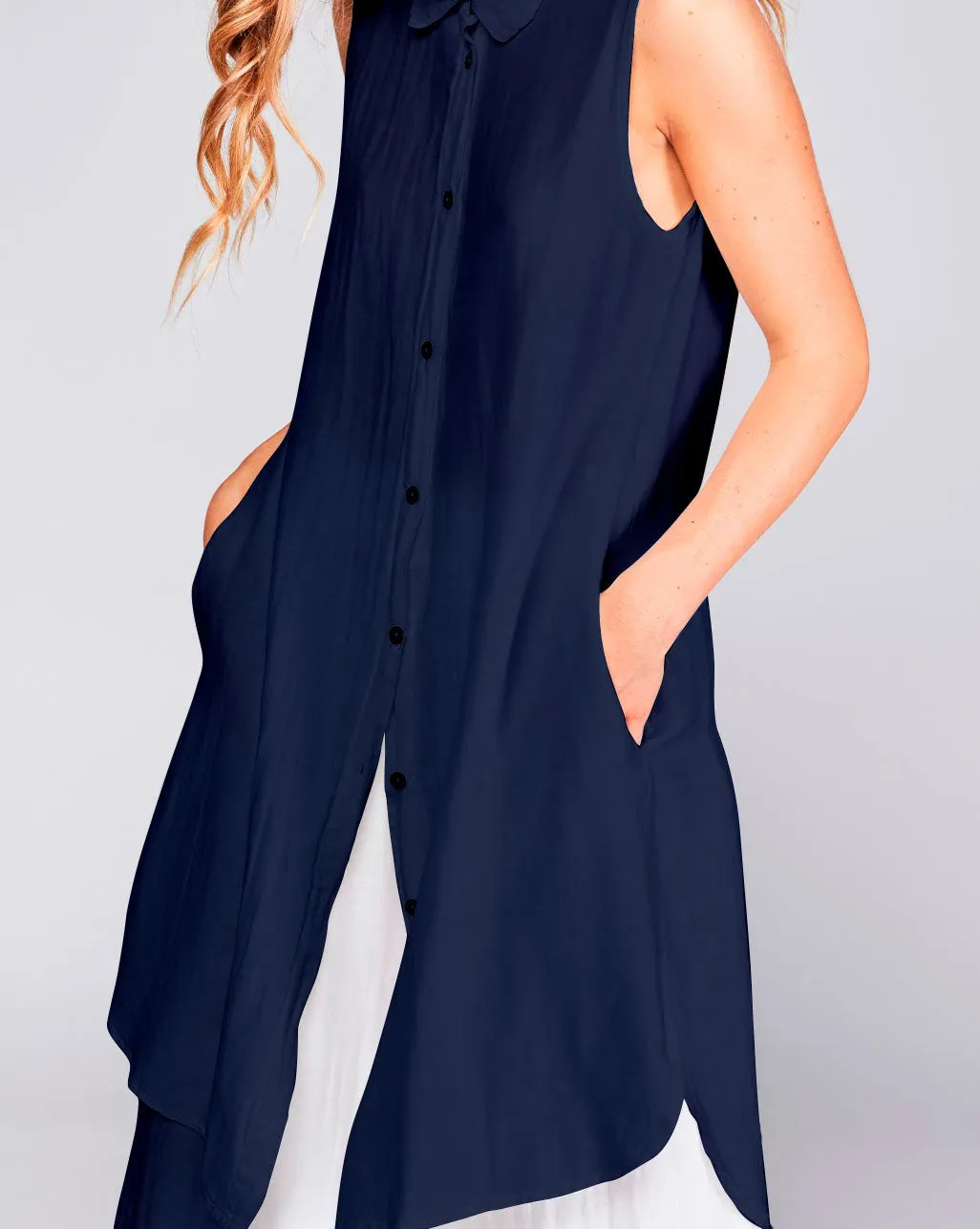 Cotton Silk Blend Sleeveless Button-Up Shirtdress
