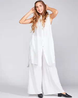 Cotton Silk Blend Sleeveless Button-Up Shirtdress