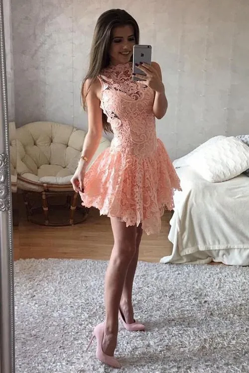 Cute A-line High Neck Pink Tulle Homecoming Dresses Graduation Dresses, MH412